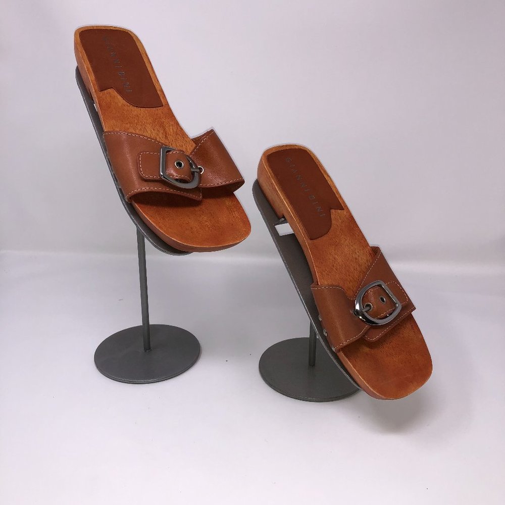 Gianni Bini Orange Wood Sole Buckle Detail Sandals